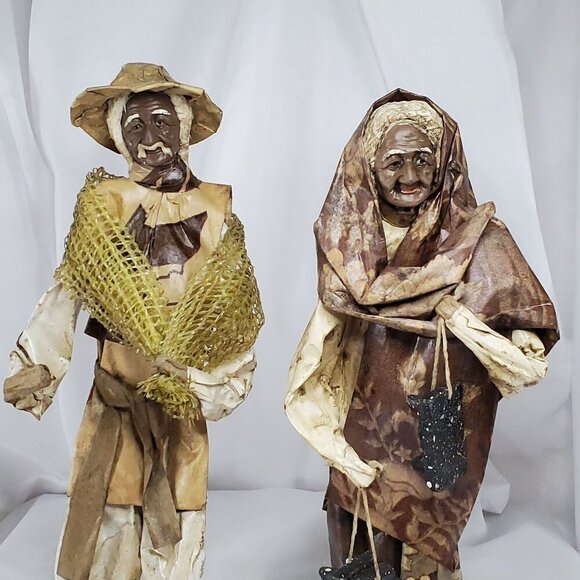 VTG handmade Mexican paper mache folk art couple Farmer & Lady Figurines - Picture 3 of 16
